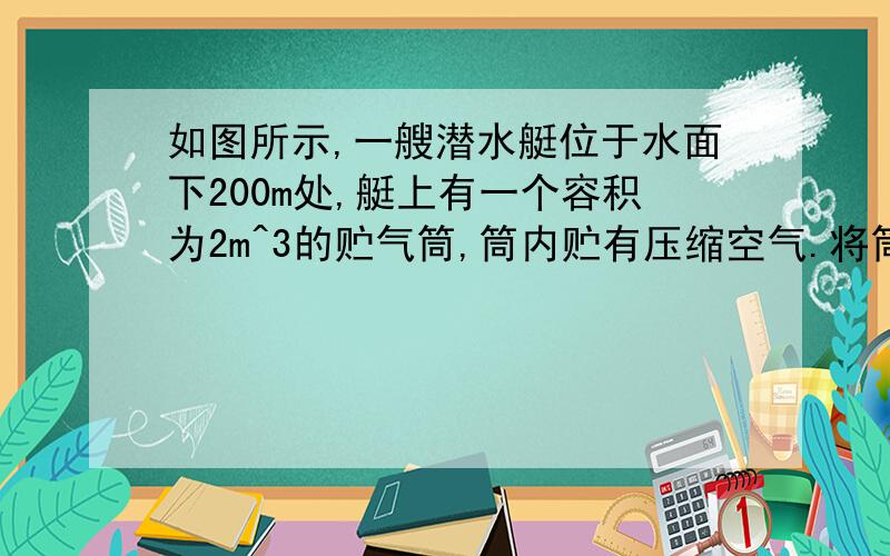 如图所示,一艘潜水艇位于水面下200m处,艇上有一个容积为2m^3的贮气筒,筒内贮有压缩空气.将筒内一部分气体压入水箱（水箱有排水孔和海水相连）,派出海水10m^3.此时筒内剩余气体的压强是95a