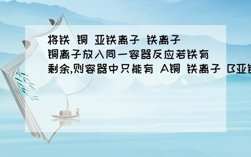 将铁 铜 亚铁离子 铁离子 铜离子放入同一容器反应若铁有剩余,则容器中只能有 A铜 铁离子 B亚铁离子和铁离子 C铜 铁 铜离子 D铜 铁 亚铁离子