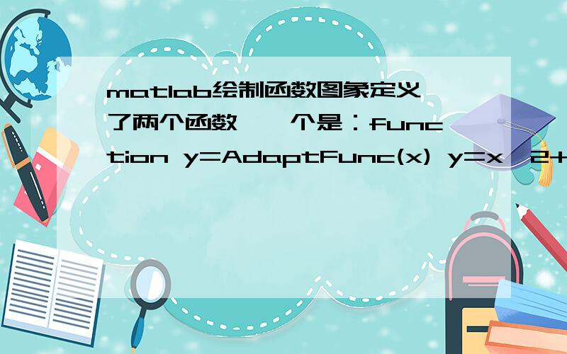 matlab绘制函数图象定义了两个函数,一个是：function y=AdaptFunc(x) y=x^2+2*x+3;y;另一个：function DrawAdaptFunc(ParticleScope,AdaptFunc)x=[ParticleScope(1):0.1:ParticleScope(2)];for k=1:size(x);y(k)=AdaptFunc(x(k));plot(x(k),y(k));