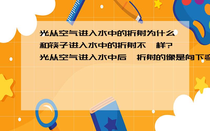 光从空气进入水中的折射为什么和筷子进入水中的折射不一样?光从空气进入水中后,折射的像是向下弯的,也就是入射角大于折射角而筷子从空气进入水中后,折射的像是向上弯的,也就是入射