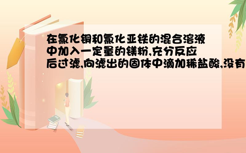 在氯化铜和氯化亚铁的混合溶液中加入一定量的镁粉,充分反应后过滤,向滤出的固体中滴加稀盐酸,没有气泡产生．下列判断正确的是（　　）A、滤出的固体中一定含有铜,可能含有铁和镁B、