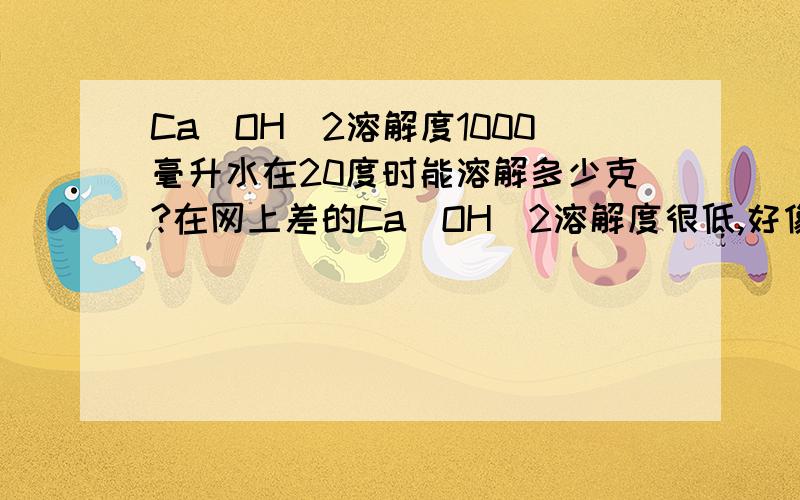 Ca(OH)2溶解度1000毫升水在20度时能溶解多少克?在网上差的Ca(OH)2溶解度很低,好像按照算出来的0.444g*5=2.22g,在1000毫升无CO2水里溶解不完呀,是不是取上清液就可以得到0.03摩尔每升的浓度呢?