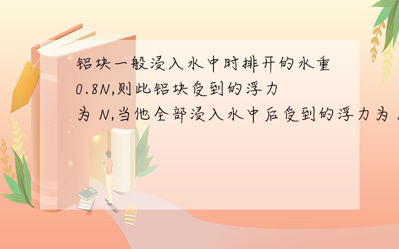 铝块一般浸入水中时排开的水重0.8N,则此铝块受到的浮力为 N,当他全部浸入水中后受到的浮力为 N