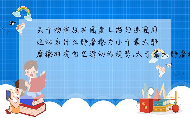 关于物体放在圆盘上做匀速圆周运动为什么静摩擦力小于最大静摩擦时有向里滑动的趋势,大于最大静摩擦时有向外滑的趋势?