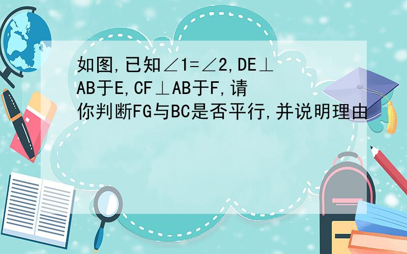 如图,已知∠1=∠2,DE⊥AB于E,CF⊥AB于F,请你判断FG与BC是否平行,并说明理由