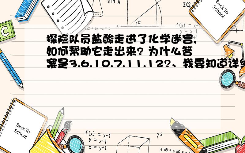 探险队员盐酸走进了化学迷宫,如何帮助它走出来? 为什么答案是3.6.10.7.11.12?、我要知道详细的原因?或者说盐酸与哪些物质不反应?