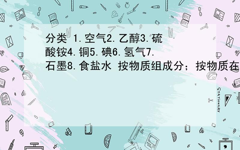 分类 1.空气2.乙醇3.硫酸铵4.铜5.碘6.氢气7.石墨8.食盐水 按物质组成分；按物质在水中的溶解分；按物质的状态分；按物质的导电性分.