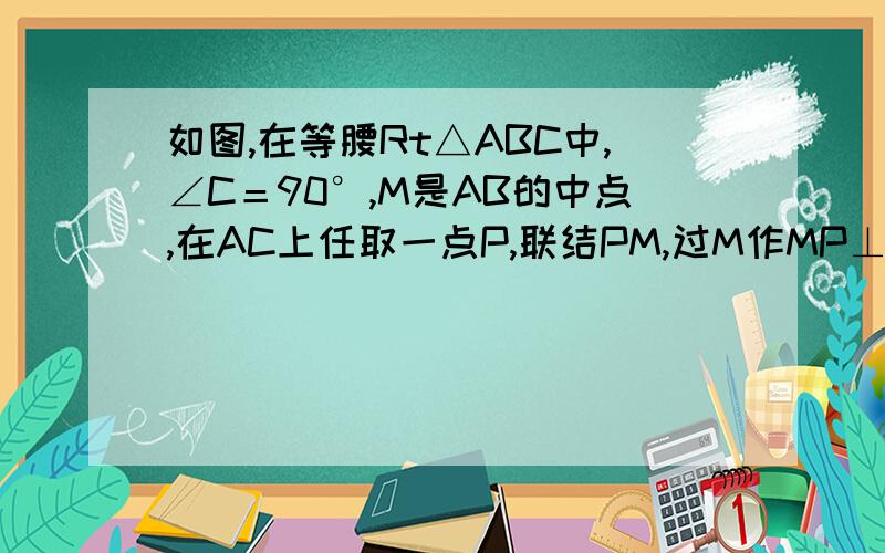 如图,在等腰Rt△ABC中,∠C＝90°,M是AB的中点,在AC上任取一点P,联结PM,过M作MP⊥MQ交BC于Q,联结PQ（1）以线段AP、PQ、QB为边,能否构成直角三角形?请简要说明理由.（2）设CQ=a,BQ=b,试用含有a、b的代数