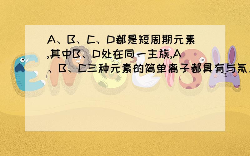 A、B、C、D都是短周期元素,其中B、D处在同一主族,A、B、C三种元素的简单离子都具有与氖原子相同的电子层结构.1molA单质与水反应能置换出1g氢气,B单质与水剧烈反应放出氧气,C最高氧化物既