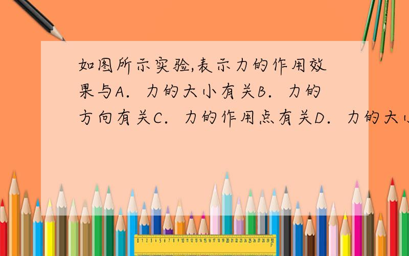 如图所示实验,表示力的作用效果与A．力的大小有关B．力的方向有关C．力的作用点有关D．力的大小、方向和作用点都有关