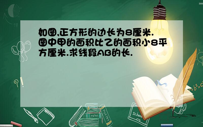 如图,正方形的边长为8厘米.图中甲的面积比乙的面积小8平方厘米.求线段AB的长.