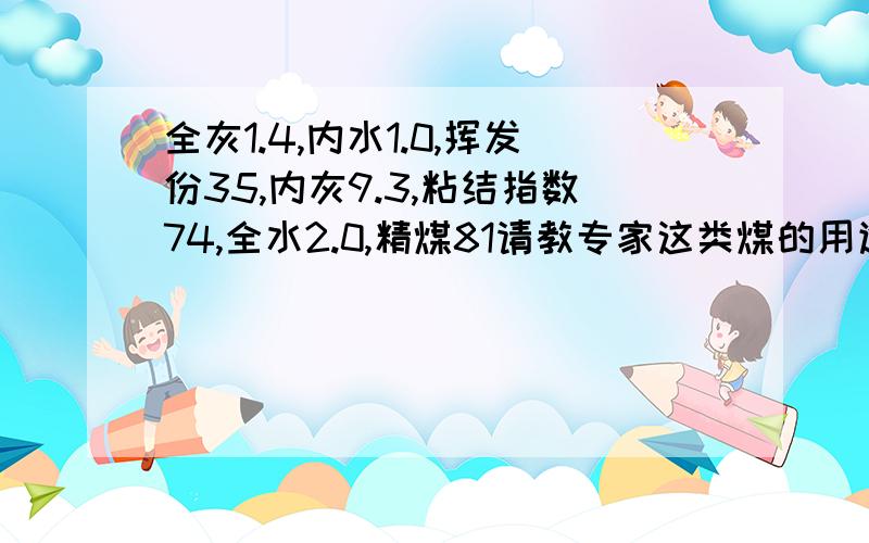 全灰1.4,内水1.0,挥发份35,内灰9.3,粘结指数74,全水2.0,精煤81请教专家这类煤的用途及山东今年价格