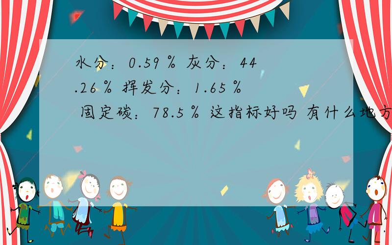 水分：0.59％ 灰分：44.26％ 挥发分：1.65％ 固定碳：78.5％ 这指标好吗 有什么地方能要呀?