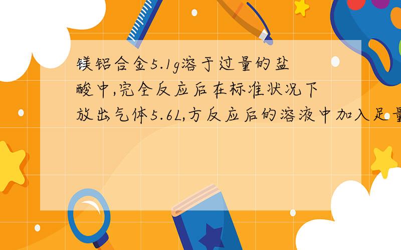 镁铝合金5.1g溶于过量的盐酸中,完全反应后在标准状况下放出气体5.6L,方反应后的溶液中加入足量的我学艺不精，