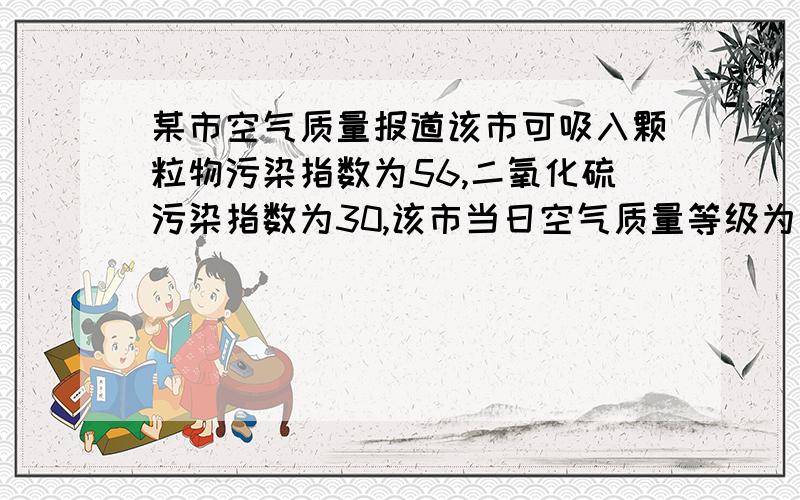 某市空气质量报道该市可吸入颗粒物污染指数为56,二氧化硫污染指数为30,该市当日空气质量等级为（ ）,空气质量状况为（ ）