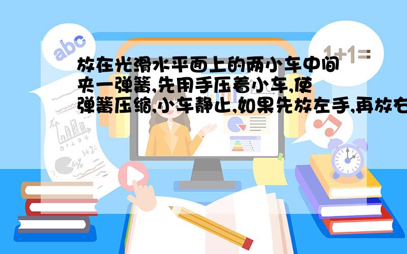 放在光滑水平面上的两小车中间夹一弹簧,先用手压着小车,使弹簧压缩,小车静止,如果先放左手,再放右手