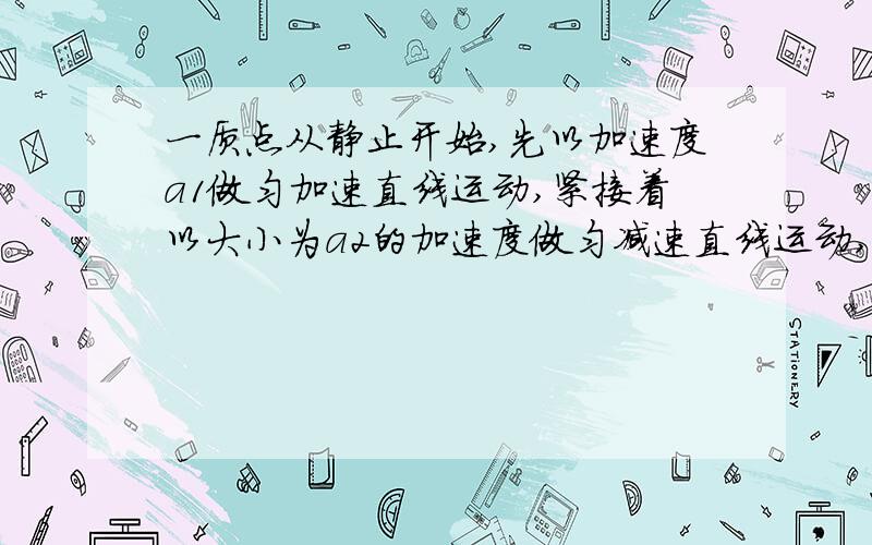 一质点从静止开始,先以加速度a1做匀加速直线运动,紧接着以大小为a2的加速度做匀减速直线运动,直至静止,质点运动的总时间为t,求它运动的总位移.