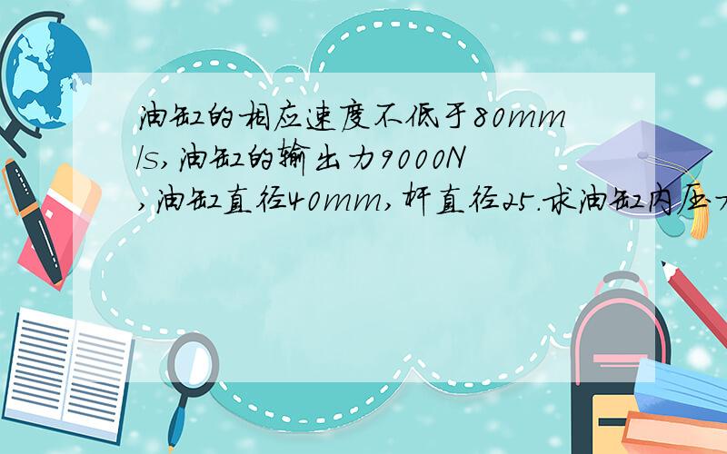 油缸的相应速度不低于80mm/s,油缸的输出力9000N,油缸直径40mm,杆直径25.求油缸内压力、流量,并选择液压