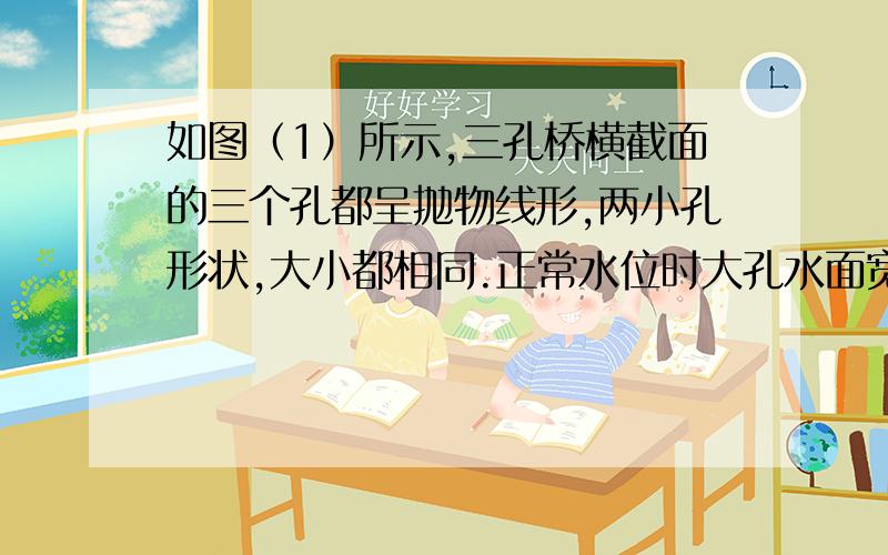 如图（1）所示,三孔桥横截面的三个孔都呈抛物线形,两小孔形状,大小都相同.正常水位时大孔水面宽度AB=20m,如图（2）所示,顶点M距水面6m（即MO=6m）,小孔顶点N距水面4.5m（即NC=4.5m）.当水位上