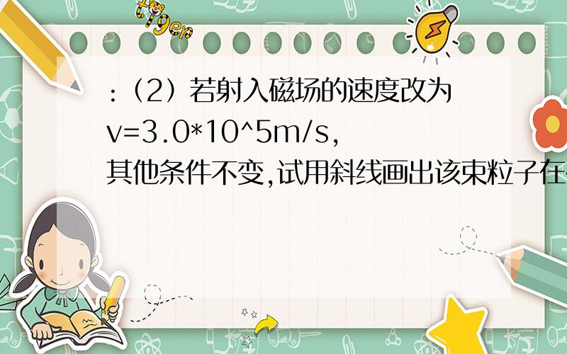 :（2）若射入磁场的速度改为v=3.0*10^5m/s,其他条件不变,试用斜线画出该束粒子在磁场中可能出现的区域,要求有简要的文字说明.(sin37°=0.6,cos37°=0.8)