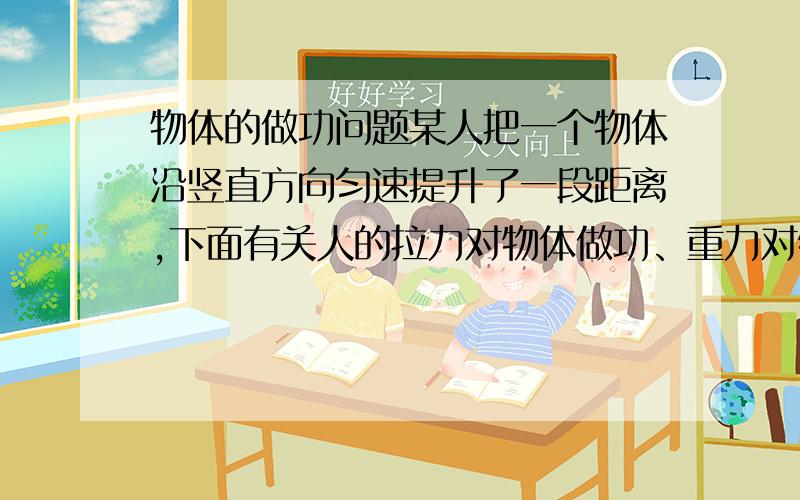 物体的做功问题某人把一个物体沿竖直方向匀速提升了一段距离,下面有关人的拉力对物体做功、重力对物体做功以及物体动能变化的说法中正确的是（　　）A．重力做正功,拉力做负功,物体