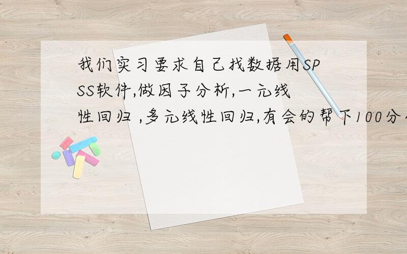 我们实习要求自己找数据用SPSS软件,做因子分析,一元线性回归 ,多元线性回归,有会的帮下100分全拿去 我的全部啊