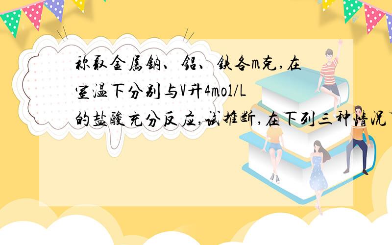 称取金属钠、铝、铁各m克,在室温下分别与V升4mol/L的盐酸充分反应,试推断,在下列三种情况下,V值的取值范围（用含m的表达式表示）(1) 铝与盐酸反应放出氢气最多(2) 钠与盐酸反应放出氢气最