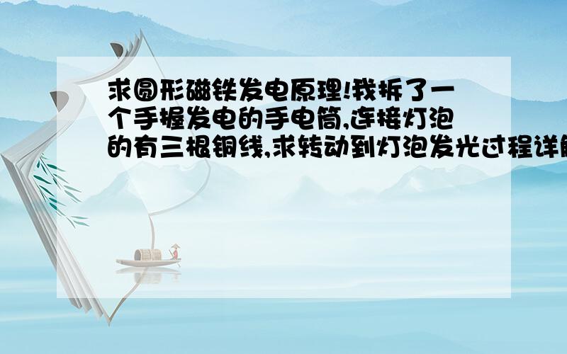 求圆形磁铁发电原理!我拆了一个手握发电的手电筒,连接灯泡的有三根铜线,求转动到灯泡发光过程详解,尤其是圆形磁铁的发电原理!手握的时候里面转速会很快，一端力量大，这个是怎么转