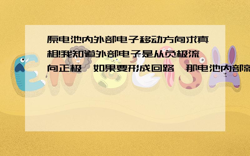 原电池内外部电子移动方向求真相!我知道外部电子是从负极流向正极,如果要形成回路,那电池内部就应该从正极流向负极,可是在实物图上我找不到可以让电子从cu流向zn的动力啊.