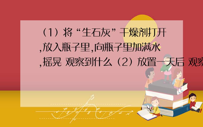 （1）将“生石灰”干燥剂打开,放入瓶子里,向瓶子里加满水,摇晃 观察到什么（2）放置一天后 观察到什么