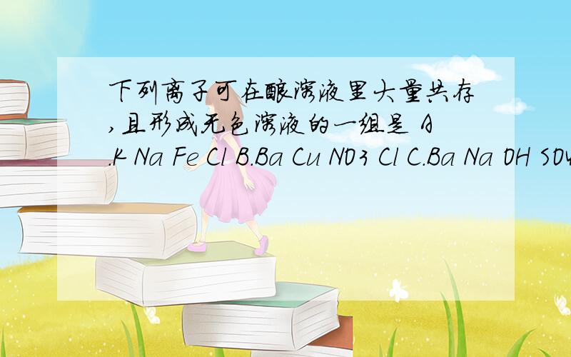 下列离子可在酸溶液里大量共存,且形成无色溶液的一组是 A.K Na Fe Cl B.Ba Cu NO3 Cl C.Ba Na OH SO4D.H Ba NO3 Cl