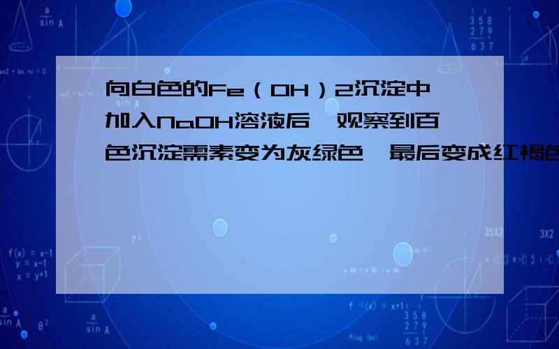 向白色的Fe（OH）2沉淀中加入NaOH溶液后,观察到百色沉淀需素变为灰绿色,最后变成红褐色（1）沉淀由白色变为红褐色的化学方程式是（2)为保持沉淀尽可能保持白色,可采取的措施有：