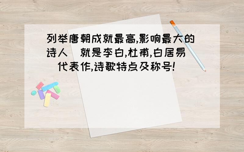 列举唐朝成就最高,影响最大的诗人（就是李白,杜甫,白居易）代表作,诗歌特点及称号!