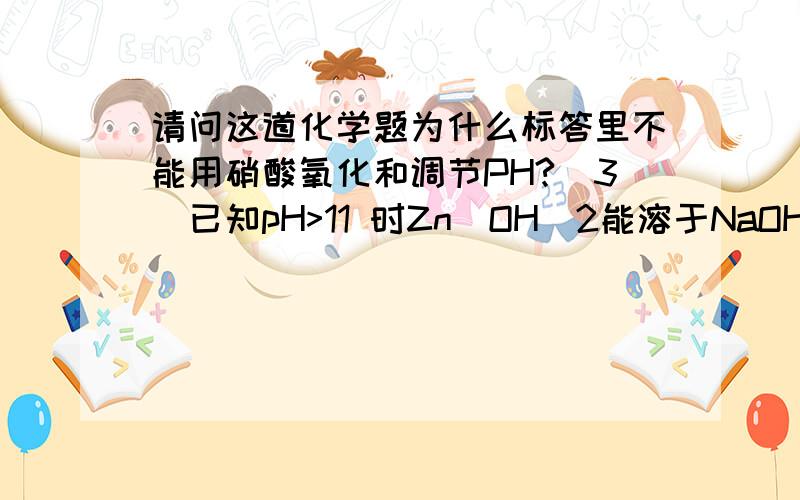 请问这道化学题为什么标答里不能用硝酸氧化和调节PH?(3)已知pH>11 时Zn(OH)2能溶于NaOH溶液生成[Zn(OH)4]2-.下表列出了几种离子生成氢氧化物沉淀的pH(开始沉淀的pH 按金属离子浓度为1.0 mol·L-1计