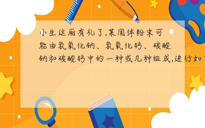 小生这厢有礼了,某固体粉末可能由氢氧化钠、氢氧化钙、碳酸钠和碳酸钙中的一种或几种组成,进行如下实验：①取少量固体加入足量的水,搅拌,有不溶物；②过滤,向滤液中加入盐酸,有气泡