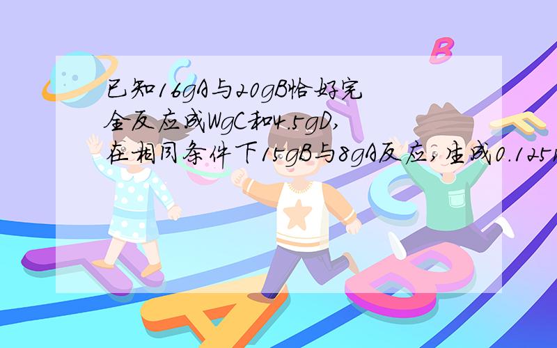 已知16gA与20gB恰好完全反应成WgC和4.5gD,在相同条件下15gB与8gA反应,生成0.125molC,则C的摩尔质量?不要都是文字