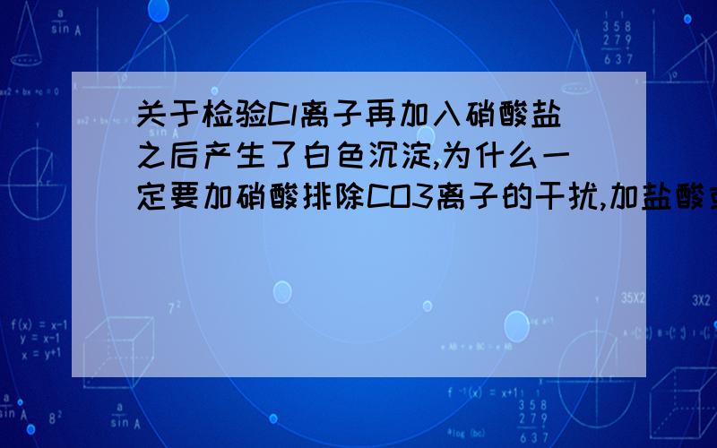 关于检验Cl离子再加入硝酸盐之后产生了白色沉淀,为什么一定要加硝酸排除CO3离子的干扰,加盐酸或硫酸不行吗?AgCl不溶于任何酸,既然不溶于任何酸,那么加盐酸和硫酸也应该有沉淀啊,也能确