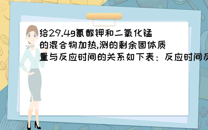 给29.4g氯酸钾和二氧化锰的混合物加热,测的剩余固体质量与反应时间的关系如下表：反应时间反应时间 t0 t1 t2 t3 t4 t5 t6反应后固体的质量 29.4 27.4 25.4 23.4 21.4 19.8 19.8请回答以下问题（1）当氯