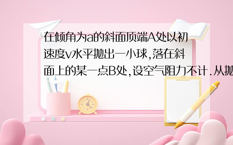 在倾角为a的斜面顶端A处以初速度v水平抛出一小球,落在斜面上的某一点B处,设空气阻力不计.从抛出开始计时,经过多长时间小球离斜面的距离达到最大?