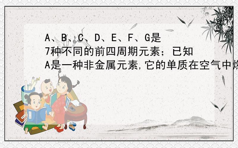 A、B、C、D、E、F、G是7种不同的前四周期元素；已知A是一种非金属元素,它的单质在空气中燃烧产生淡蓝色火焰,A与B形成的一种化合①,常温下是易燃的液体,而且是一种常见的溶剂,可以溶解一