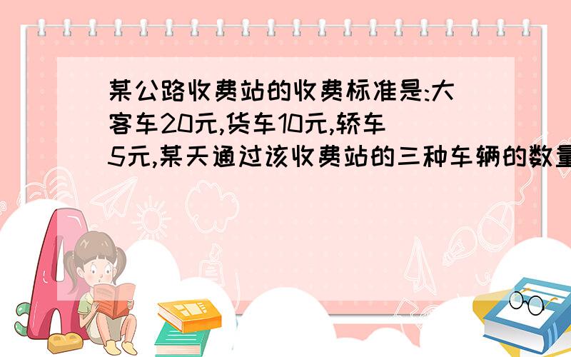 某公路收费站的收费标准是:大客车20元,货车10元,轿车5元,某天通过该收费站的三种车辆的数量之比是3：5：4,共收入6.5万元,问当天通过收费站的3种车辆各多少辆?