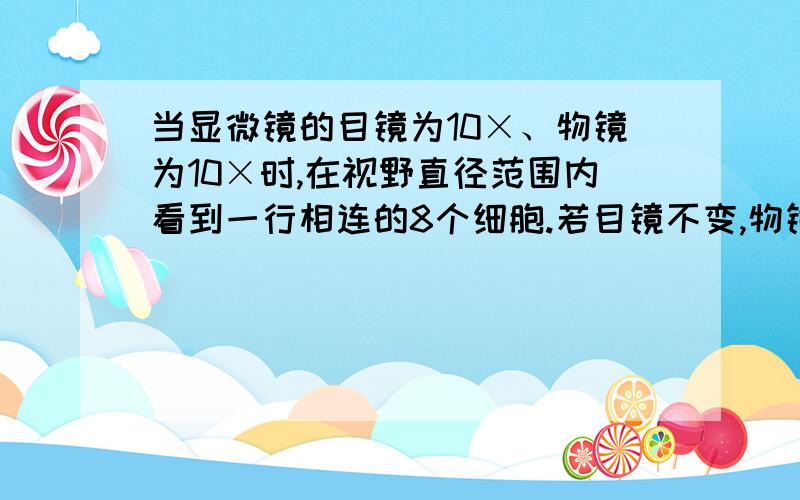 当显微镜的目镜为10×、物镜为10×时,在视野直径范围内看到一行相连的8个细胞.若目镜不变,物镜换成40×时,在视野中可看到这行细胞中的：A．2个； B．4个； C．16个； D．32个.解题思路`