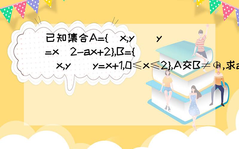 已知集合A={(x,y)|y=x^2-ax+2},B={(x,y)|y=x+1,0≤x≤2},A交B≠Φ,求a的取值范围求大神帮助