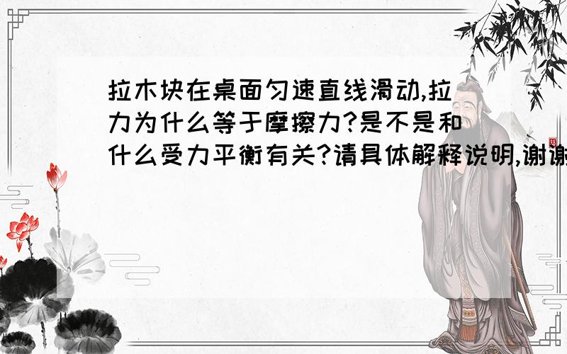 拉木块在桌面匀速直线滑动,拉力为什么等于摩擦力?是不是和什么受力平衡有关?请具体解释说明,谢谢!