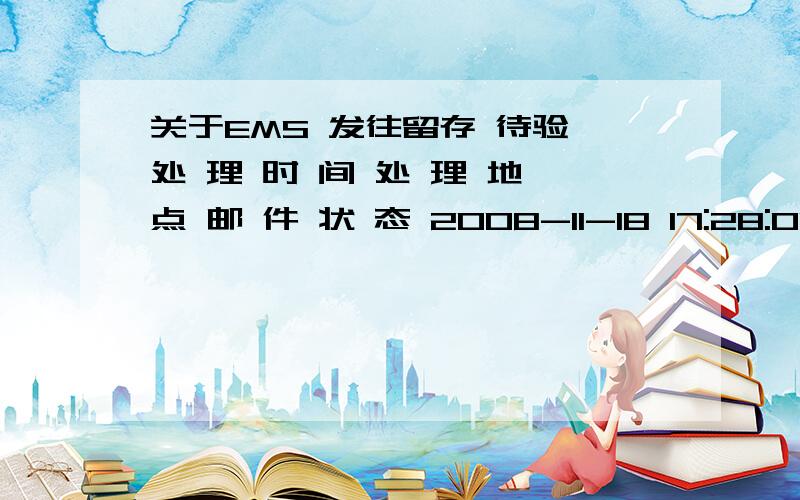 关于EMS 发往留存 待验 处 理 时 间 处 理 地 点 邮 件 状 态 2008-11-18 17:28:00 深圳市彩田邮政支局 收寄 2008-11-18 18:21:00 深圳市彩田邮政支局 离开收寄局 2008-11-19 00:17:00 深圳市 到达处理中心,来