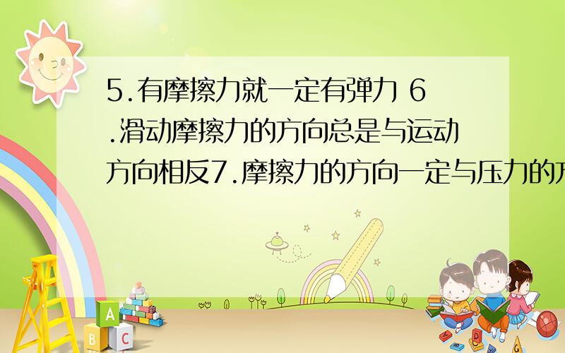 5.有摩擦力就一定有弹力 6.滑动摩擦力的方向总是与运动方向相反7.摩擦力的方向一定与压力的方向垂直 8.力是产生加速度的原因 9.质量大,惯性大 10.物体速度大时,惯性就大 11.物体只有静止