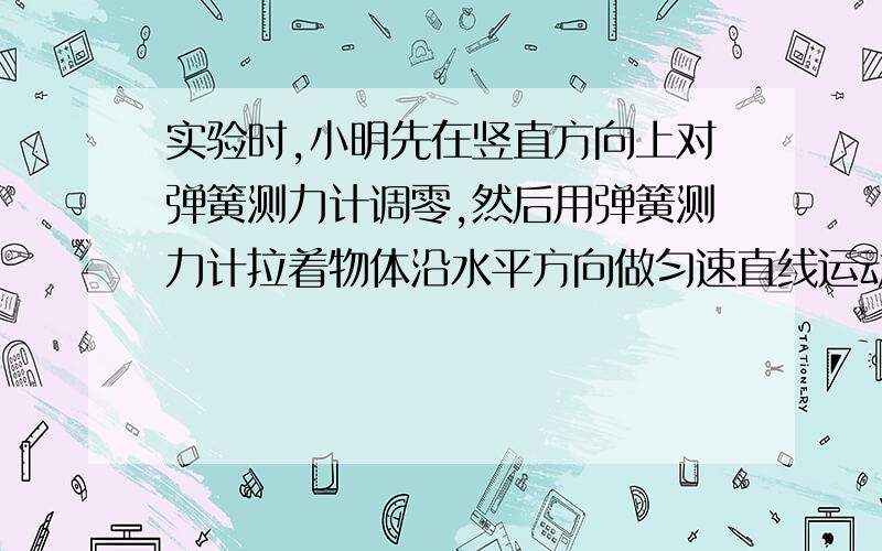 实验时,小明先在竖直方向上对弹簧测力计调零,然后用弹簧测力计拉着物体沿水平方向做匀速直线运动,则测出的摩擦力（ ）实际摩擦力.填“大于”、“等于”或 “小于”.填出答案后,请说