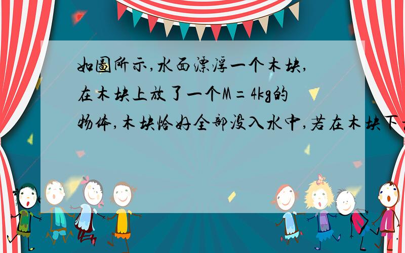 如图所示,水面漂浮一个木块,在木块上放了一个M=4kg的物体,木块恰好全部没入水中,若在木块下悬挂一个密度为5000千克/立方米的合金块m,使它们一同悬浮在水中,求：合金块的质量m是多少千克?