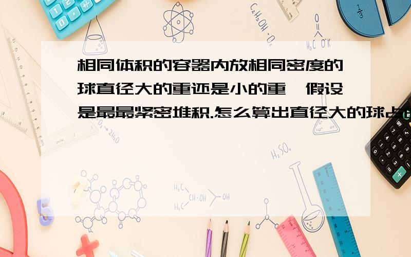 相同体积的容器内放相同密度的球直径大的重还是小的重,假设是最最紧密堆积.怎么算出直径大的球占的体积大,还是直径小的球占的体积大?不要回答我密度一样体积大的重哈.因为现在是要