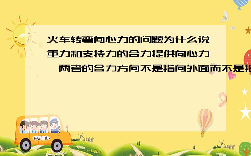 火车转弯向心力的问题为什么说重力和支持力的合力提供向心力,两者的合力方向不是指向外面而不是指向圆心的吗~